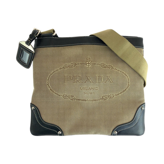 18602
PRADA プラダ ロゴジャガード ベージュ ブラック シルバー金具 キャンバス / レザー ショルダーバッグ メッセンジャーバッグ  レディース AB40