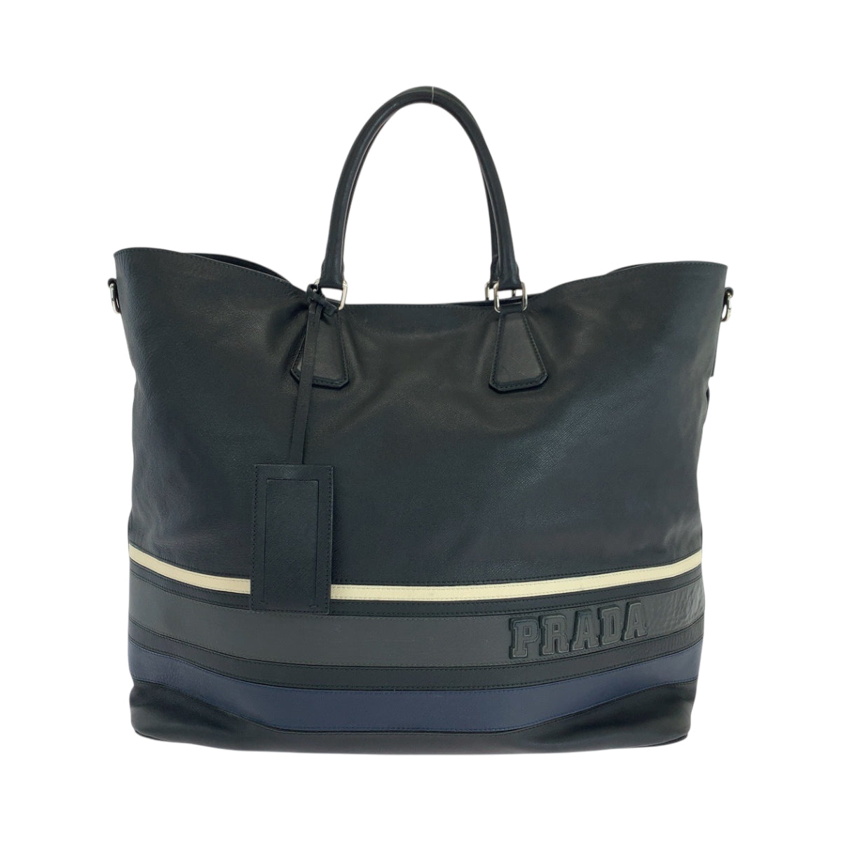 18617
PRADA Saffiano Logo Black White Silver Hardware Leather Tote Bag Handbag Men's AB62