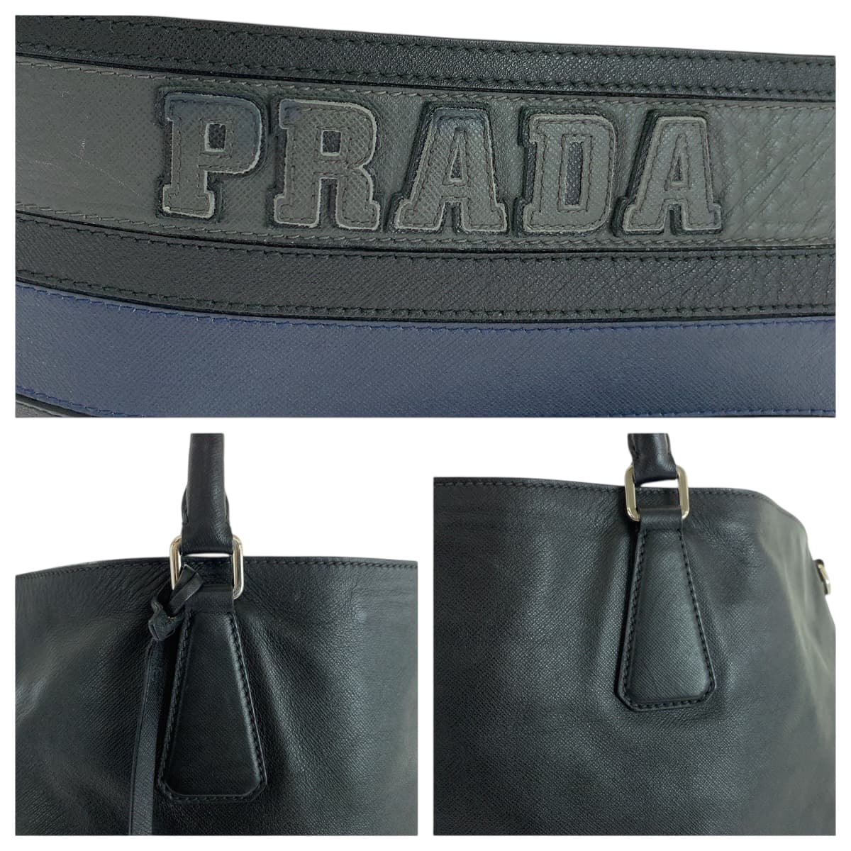 18617
PRADA プラダ サフィアーノ ロゴ ブラック 黒 ホワイト シルバー金具 レザー トートバッグ ハンドバッグ  メンズ AB62