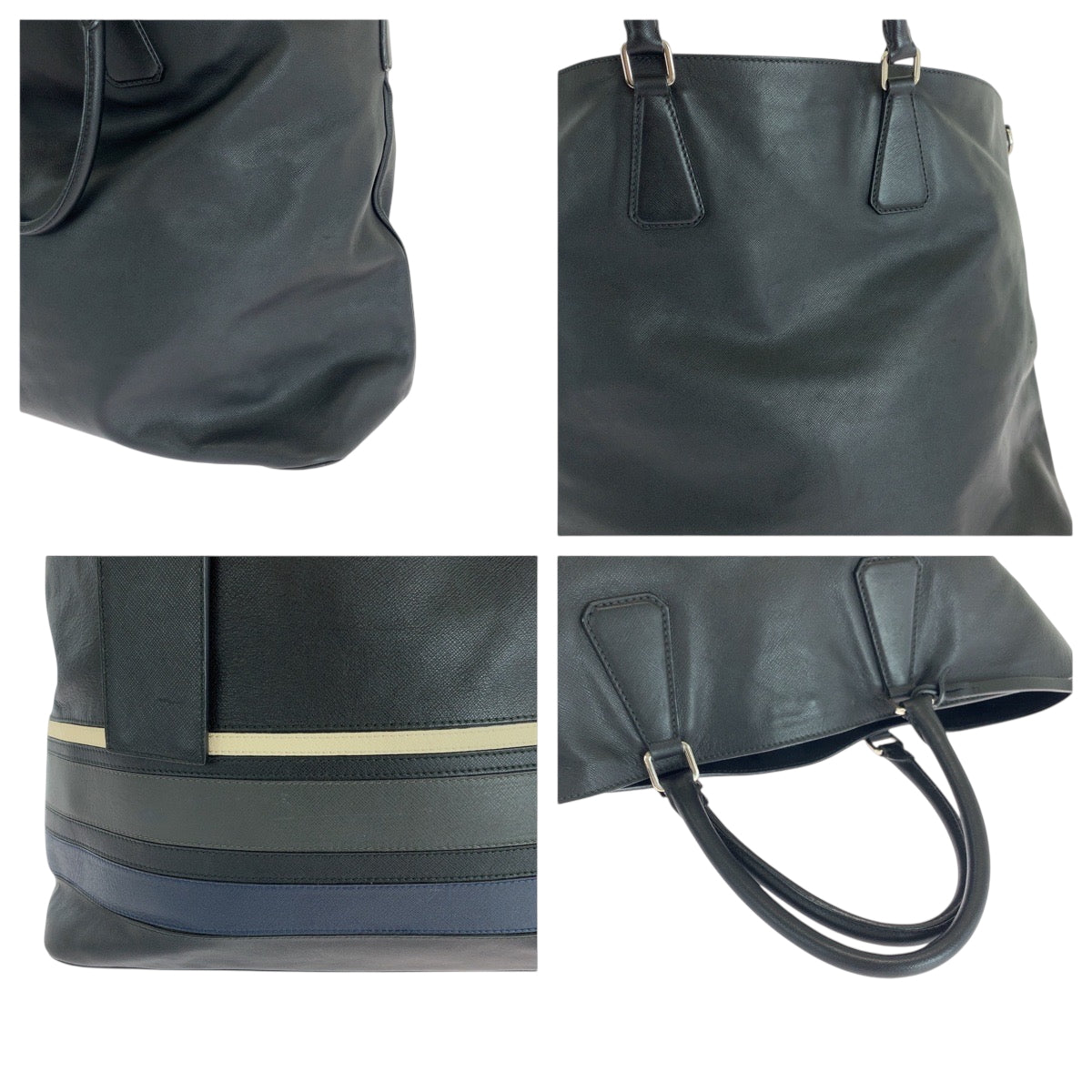 18617
PRADA プラダ サフィアーノ ロゴ ブラック 黒 ホワイト シルバー金具 レザー トートバッグ ハンドバッグ  メンズ AB62