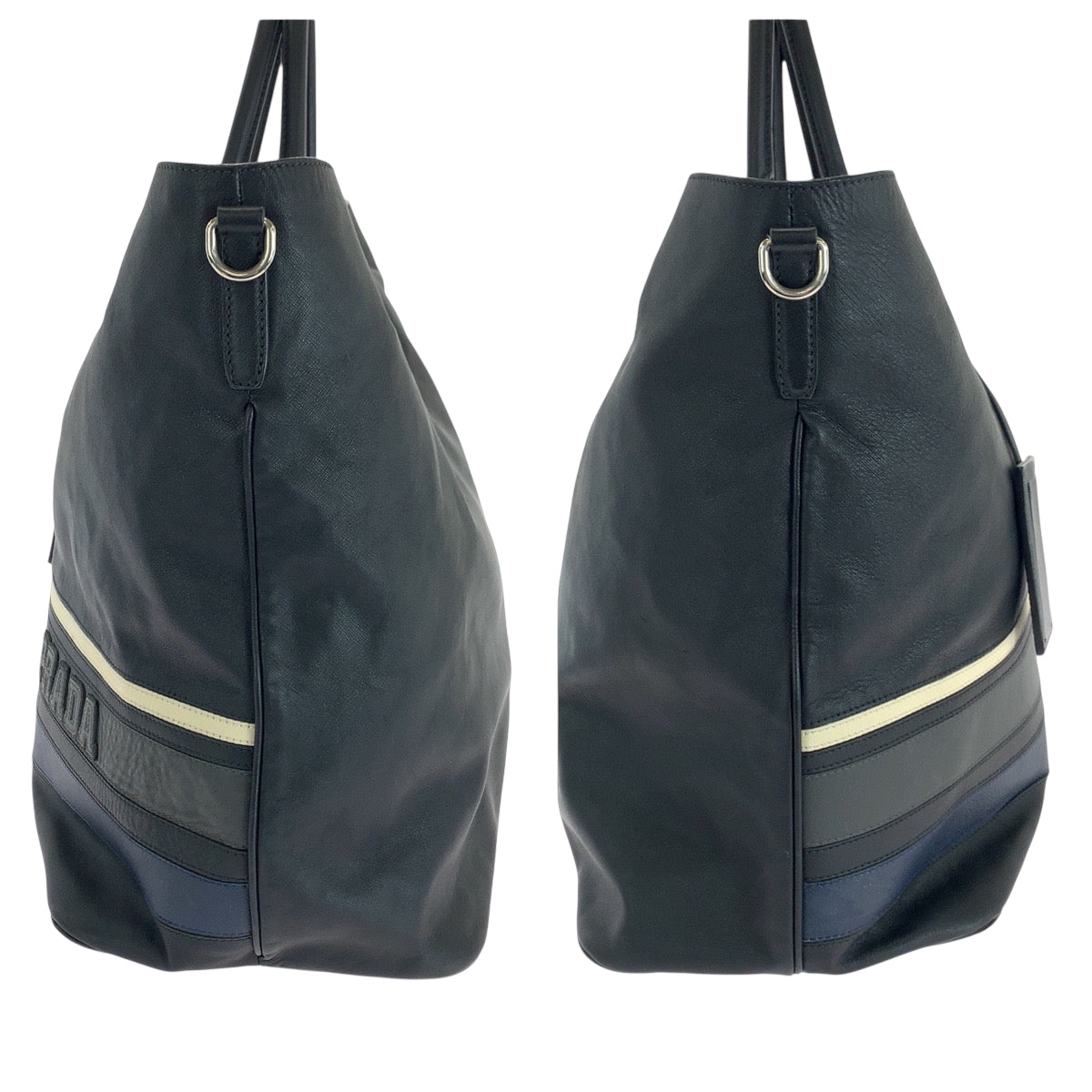 18617
PRADA プラダ サフィアーノ ロゴ ブラック 黒 ホワイト シルバー金具 レザー トートバッグ ハンドバッグ  メンズ AB62