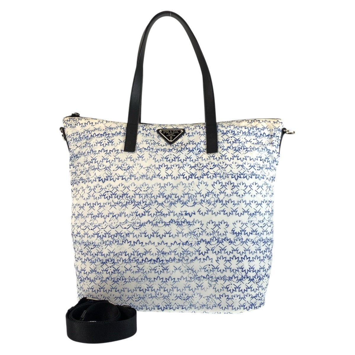 18619
PRADA プラダ ホワイト ブルー ブラック シルバー金具 ナイロン / レザー トートバッグ ショルダーバッグ 2way  レディース AB26