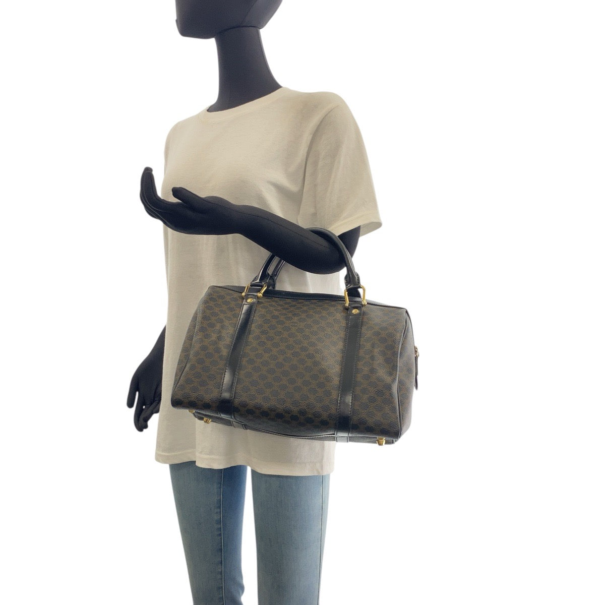 18633
CELINE セリーヌ マカダム ブラウン ブラック ゴールド金具 PVC DM00/1 ハンドバッグ ボストンバッグ レディース ABP58