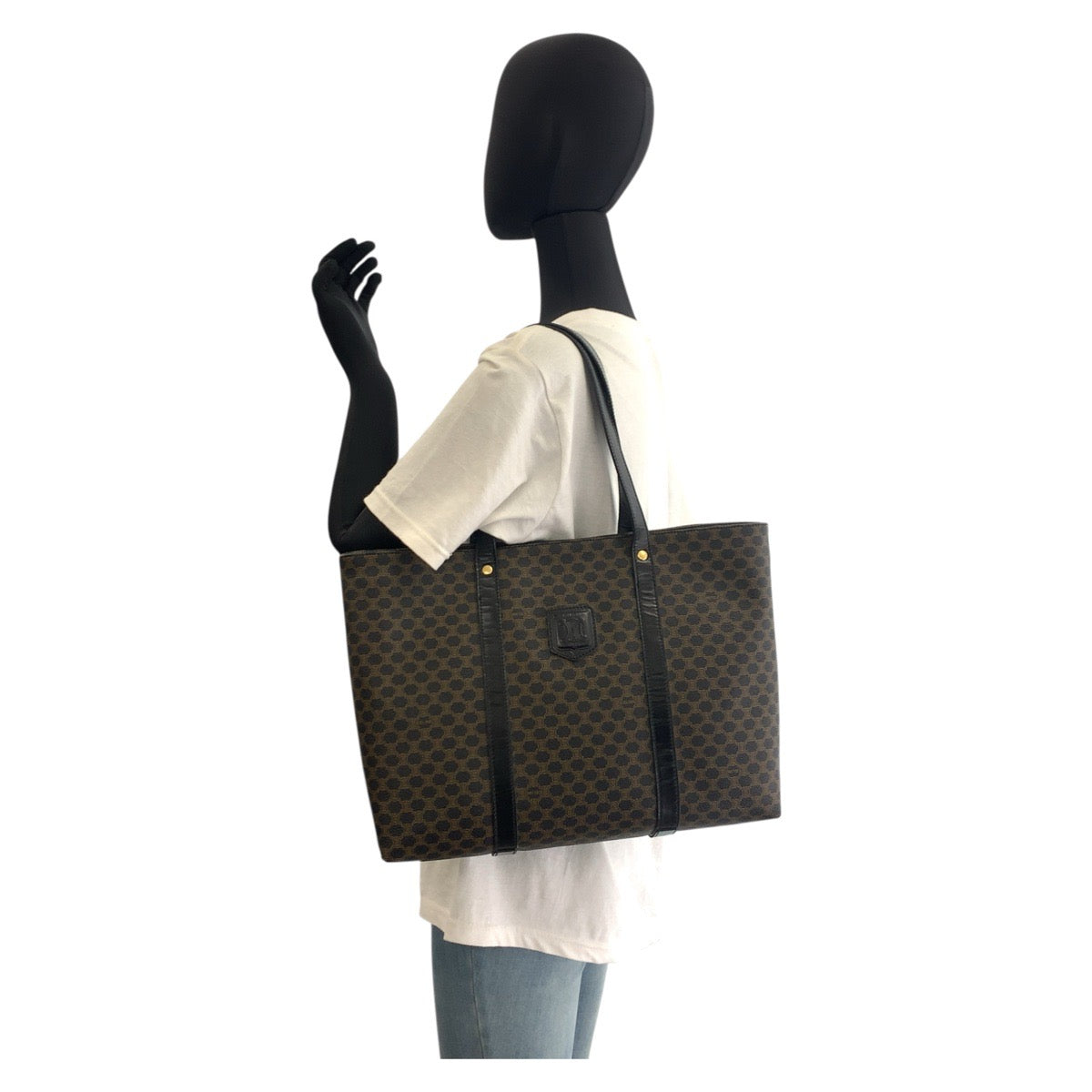 18634
CELINE セリーヌ ヴィンテージ マカダム ブラウン ブラック ゴールド金具 PVC MC99/1 トートバッグ ショルダーバッグ レディース ABP48