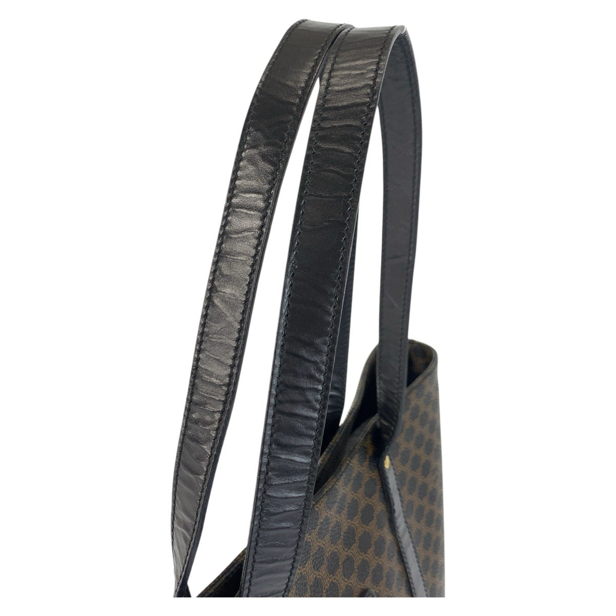 18634
CELINE セリーヌ ヴィンテージ マカダム ブラウン ブラック ゴールド金具 PVC MC99/1 トートバッグ ショルダーバッグ レディース ABP48