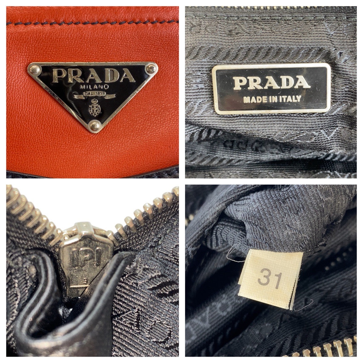 18637
PRADA プラダ 三角ロゴプレート 男女兼用 ブラック オレンジ シルバー金具 レザー クラッチバッグ セカンドバッグ レディース ABP22