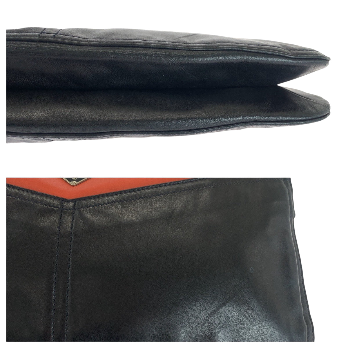 18637
PRADA プラダ 三角ロゴプレート 男女兼用 ブラック オレンジ シルバー金具 レザー クラッチバッグ セカンドバッグ レディース ABP22