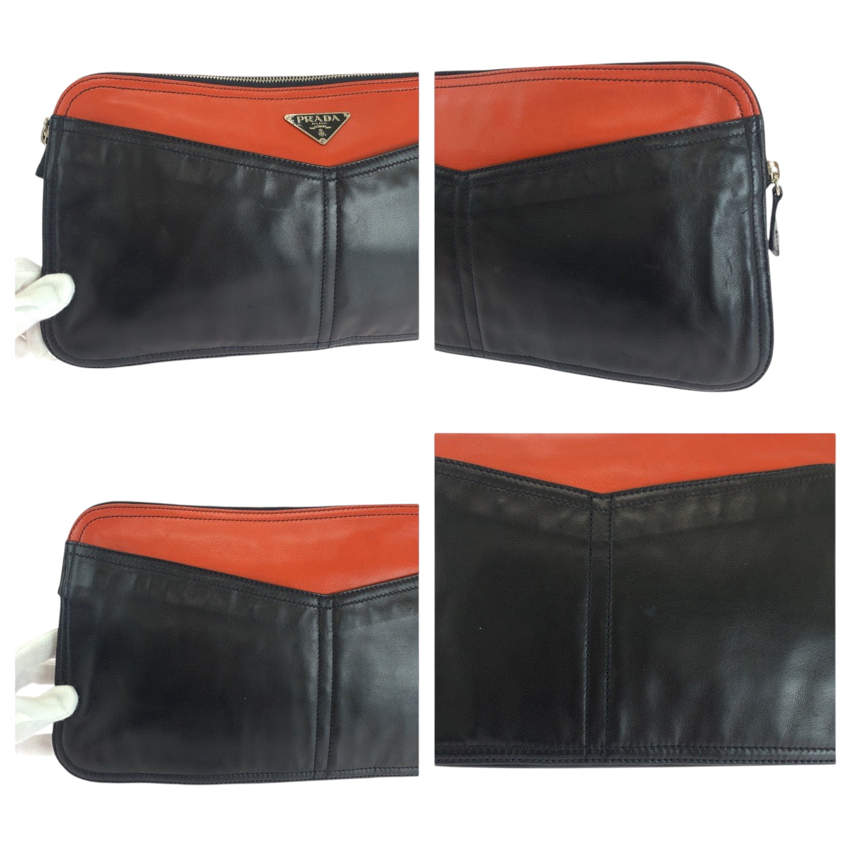 18637
PRADA プラダ 三角ロゴプレート 男女兼用 ブラック オレンジ シルバー金具 レザー クラッチバッグ セカンドバッグ レディース ABP22