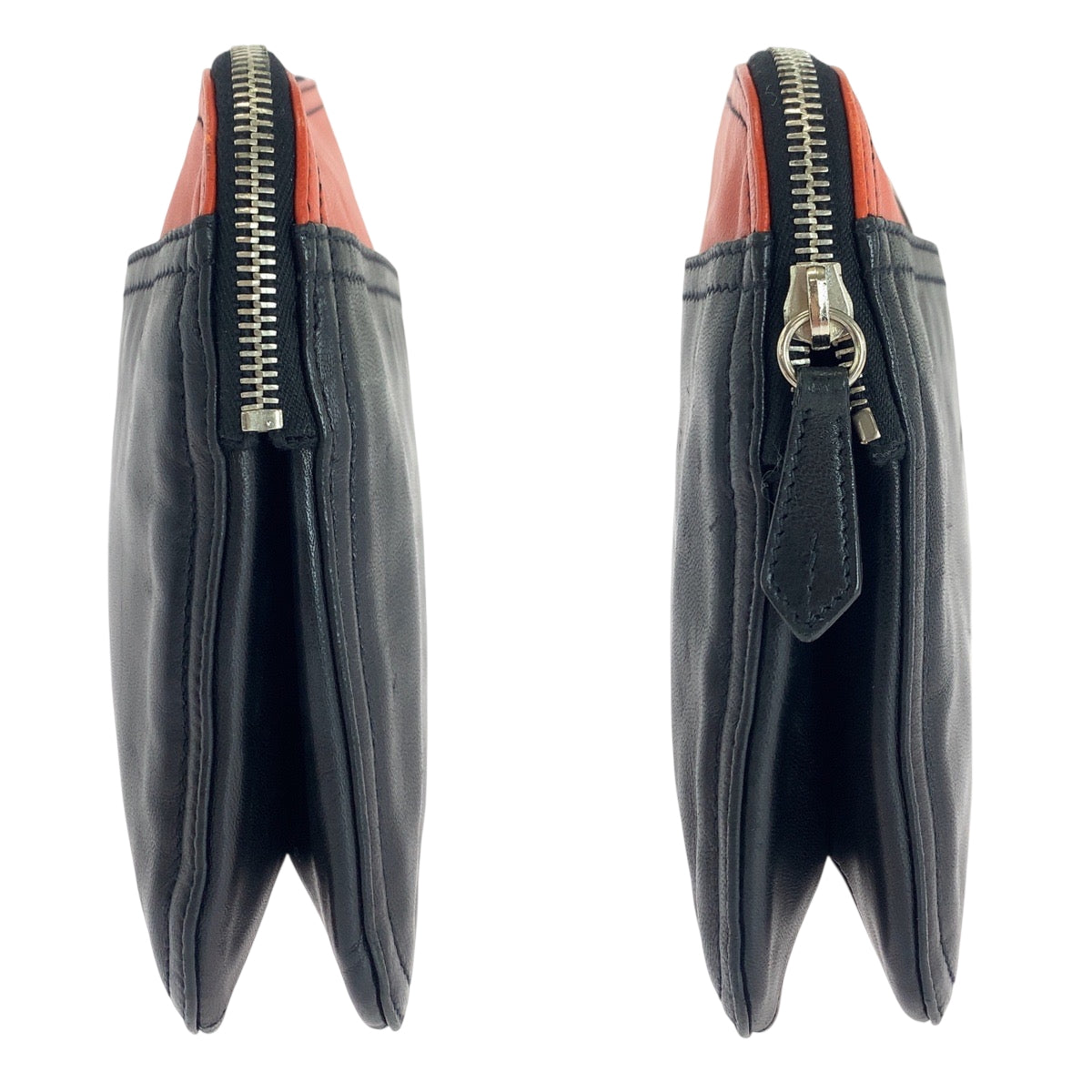 18637
PRADA プラダ 三角ロゴプレート 男女兼用 ブラック オレンジ シルバー金具 レザー クラッチバッグ セカンドバッグ レディース ABP22