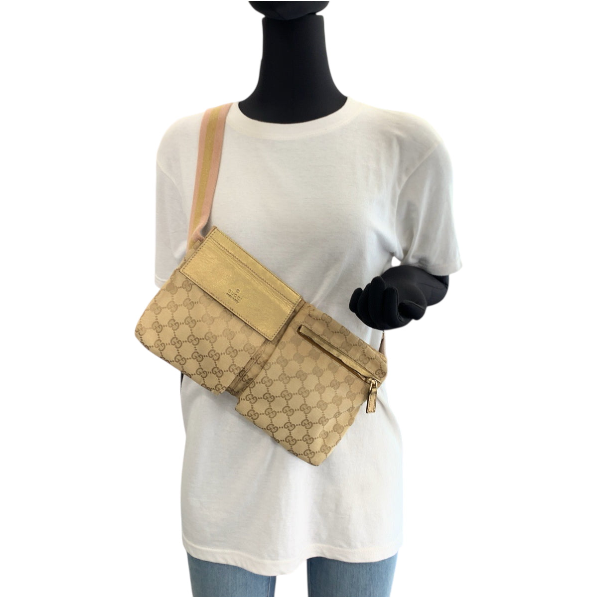 18638
GUCCI グッチ シェリーライン ベージュ ゴールド ピンク ゴールド金具 GGキャンバス 28566 ウエストバッグ バムバッグ  レディース AB30