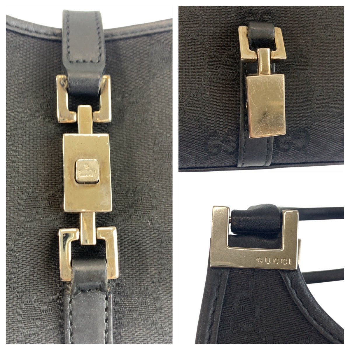 18648
GUCCI グッチ ジャッキー ブラック 黒 シルバー金具 GGキャンバス / レザー 002 1068 ホーボー ハンドバッグ  レディース ABP60