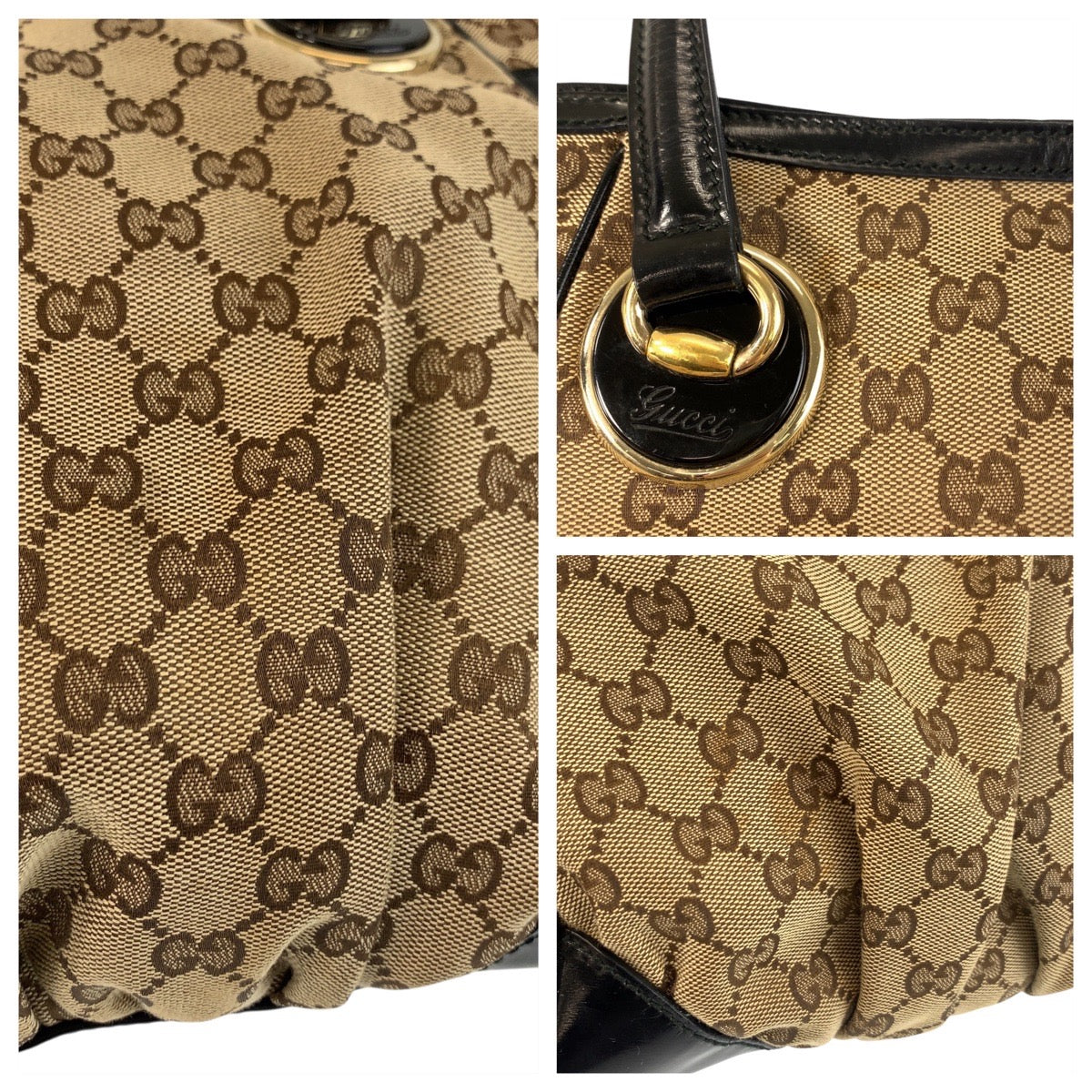 18649
GUCCI グッチ ベージュ ブラック 黒 ゴールド金具 GGキャンバス / レザー 203529 トートバッグ ショルダーバッグ レディース ABP48