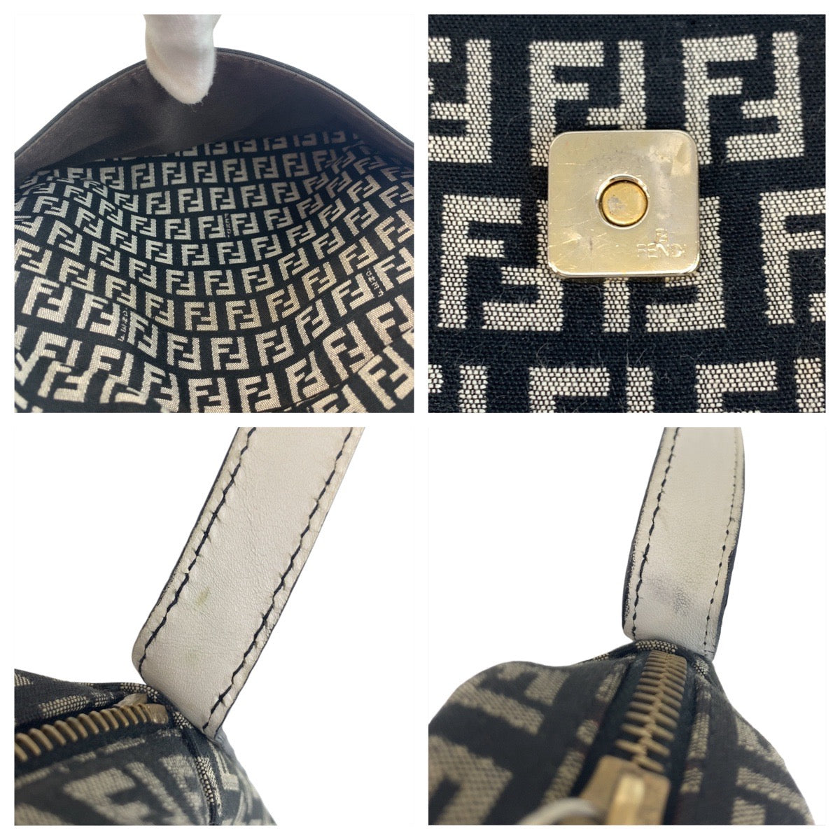 18652
FENDI フェンディ ズッキーノ マンマ ブラック 黒 ホワイト ゴールド金具 キャンバス / レザー ショルダーバッグ ポシェット レディース ABP68