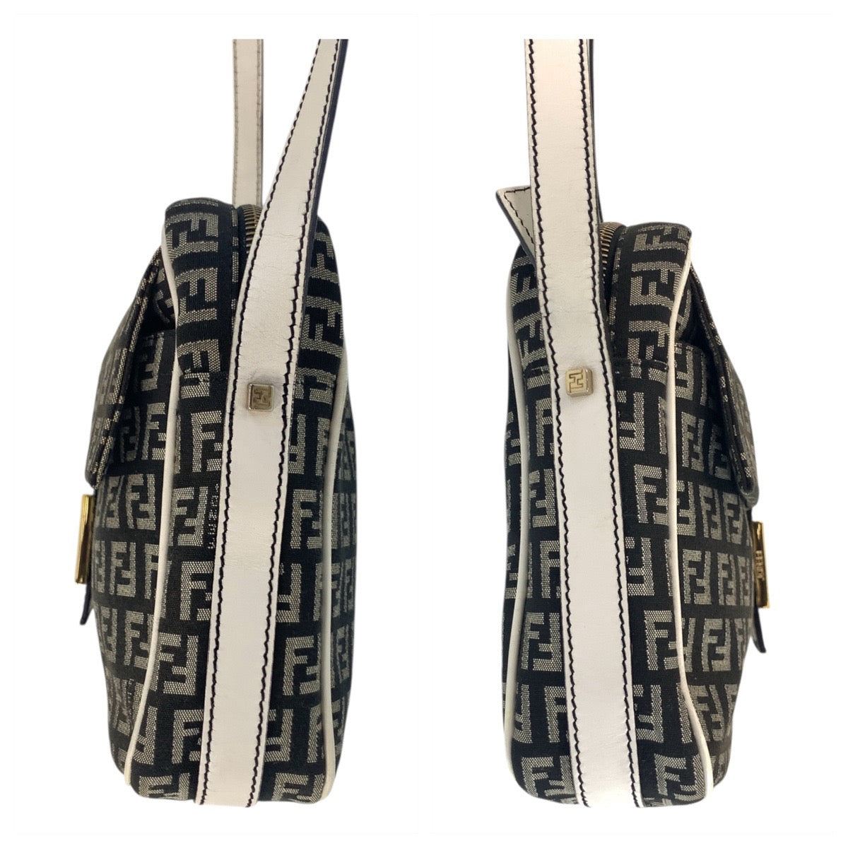 18652
FENDI フェンディ ズッキーノ マンマ ブラック 黒 ホワイト ゴールド金具 キャンバス / レザー ショルダーバッグ ポシェット レディース ABP68