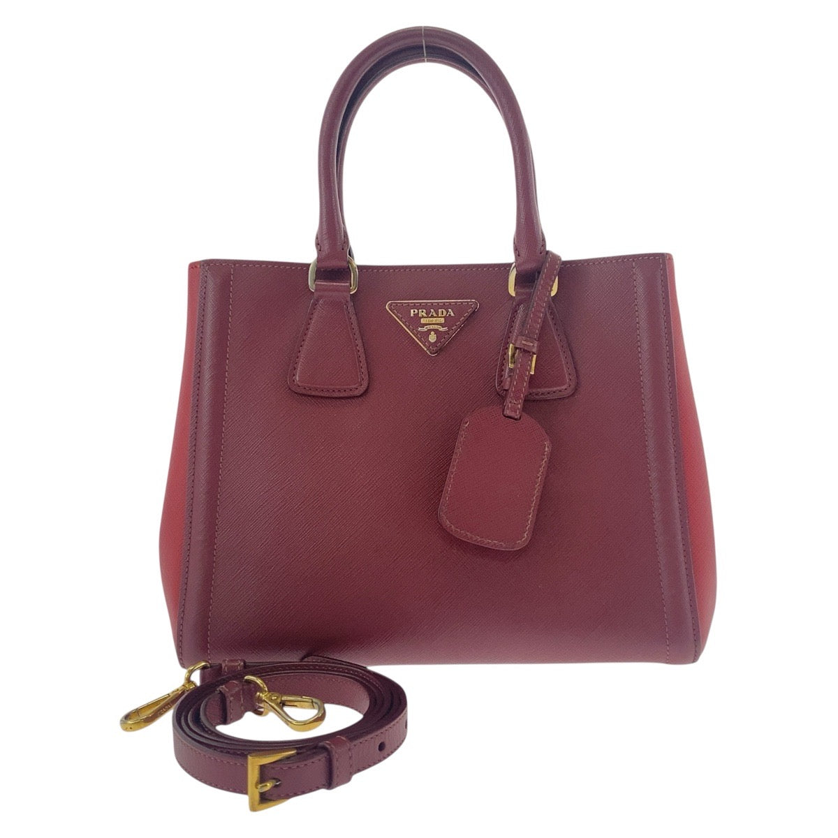 18657
PRADA プラダ サフィアーノ 三角ロゴプレート レッド ワインレッド ゴールド金具 レザー ハンドバッグ トートバッグ ショルダーバッグ 2WAY  レディース AB48