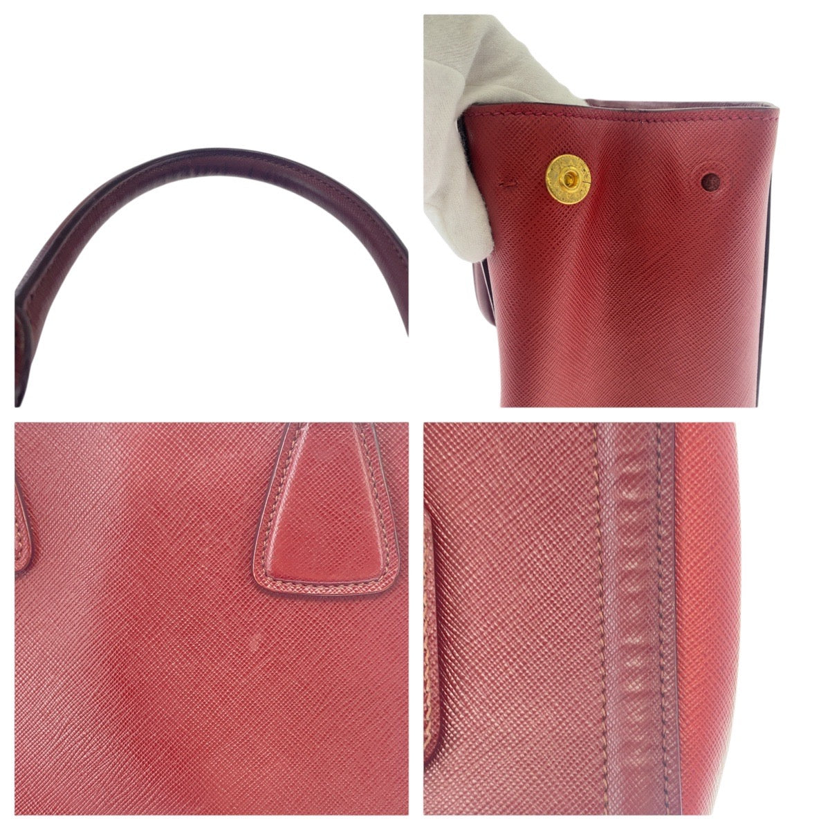 18657
PRADA プラダ サフィアーノ 三角ロゴプレート レッド ワインレッド ゴールド金具 レザー ハンドバッグ トートバッグ ショルダーバッグ 2WAY  レディース AB48