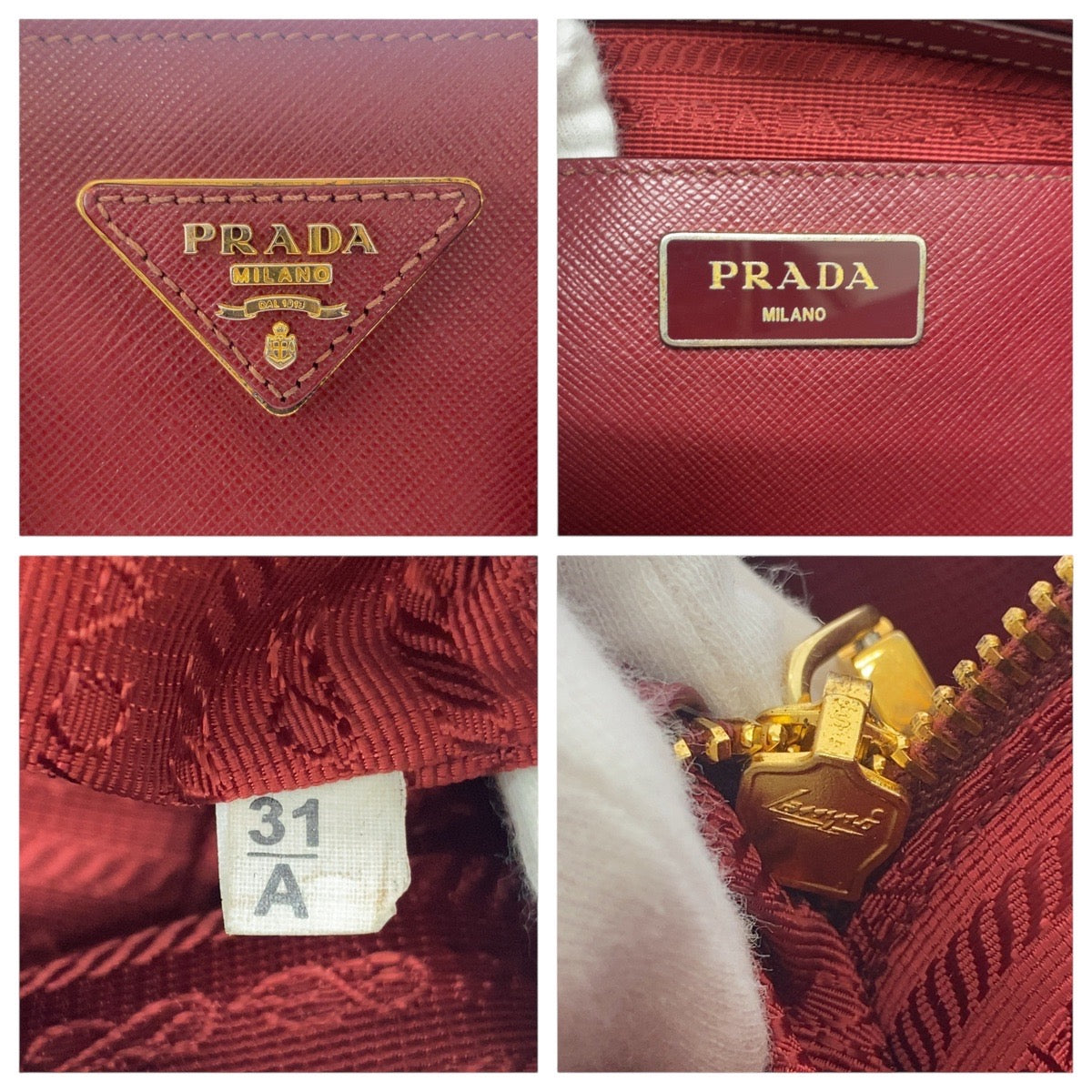18657
PRADA プラダ サフィアーノ 三角ロゴプレート レッド ワインレッド ゴールド金具 レザー ハンドバッグ トートバッグ ショルダーバッグ 2WAY  レディース AB48