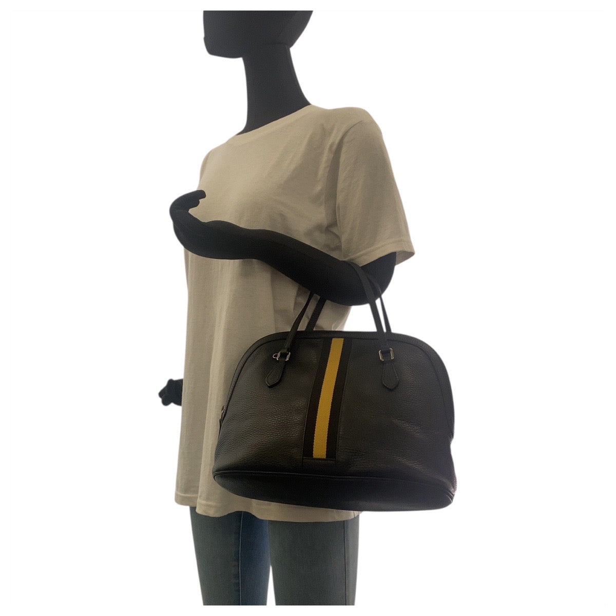 18665
GUCCI グッチ シェリーライン ブラック 黒 ベージュ シルバー金具 レザー 420023 ハンドバッグ レディース AB45