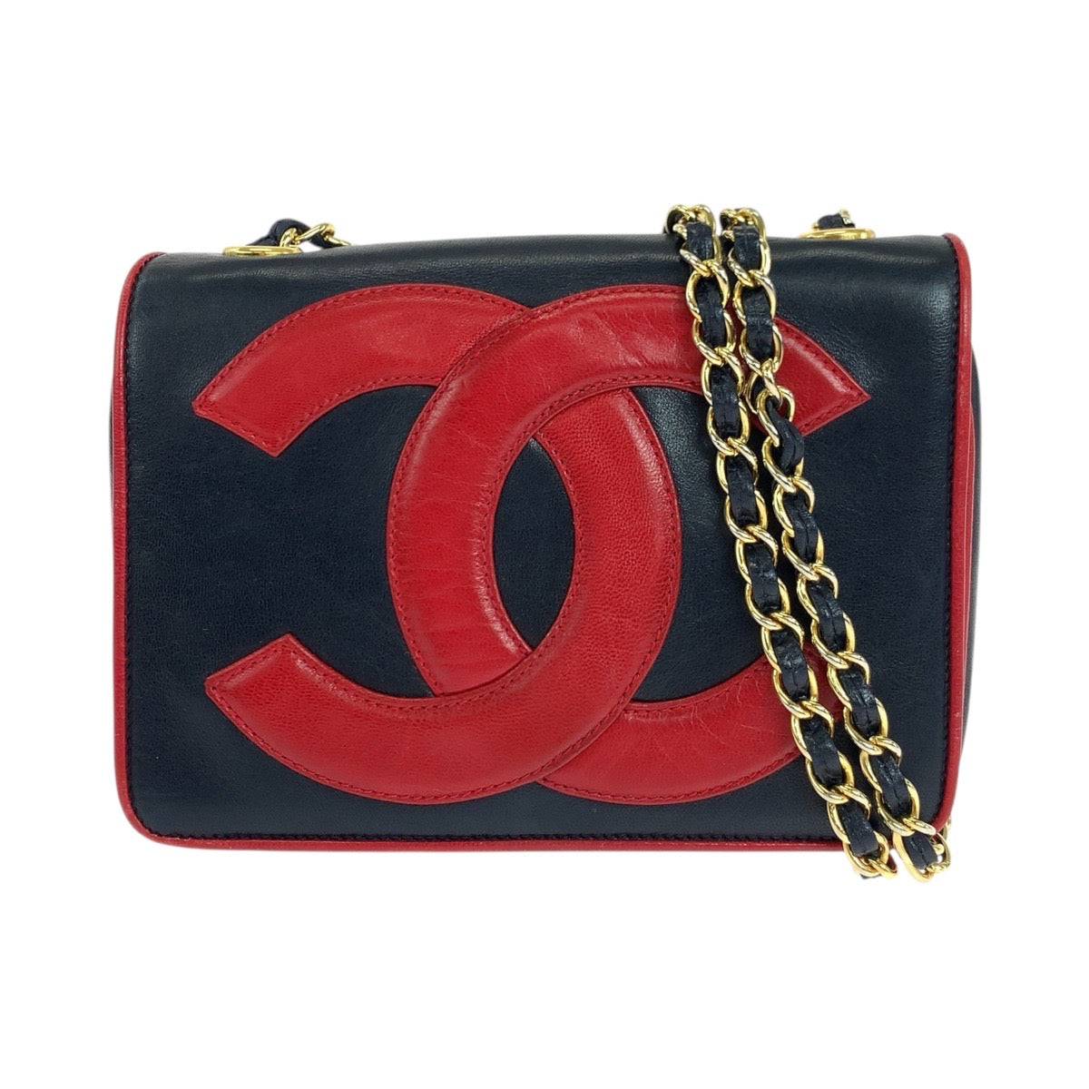 18667
CHANEL シャネル ヴィンテージ デカココマーク ネイビー レッド ゴールド金具 ラムスキン チェーンショルダーバッグ ポシェット レディース ABP215