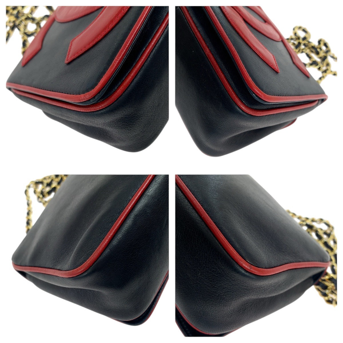 18667
CHANEL シャネル ヴィンテージ デカココマーク ネイビー レッド ゴールド金具 ラムスキン チェーンショルダーバッグ ポシェット レディース ABP215