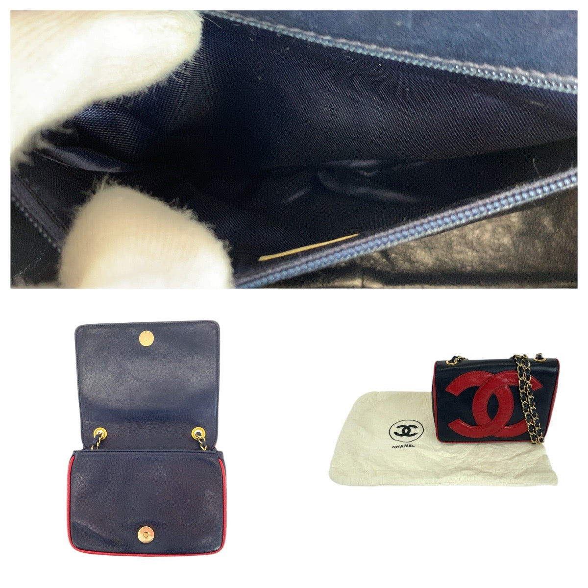 18667
CHANEL シャネル ヴィンテージ デカココマーク ネイビー レッド ゴールド金具 ラムスキン チェーンショルダーバッグ ポシェット レディース ABP215