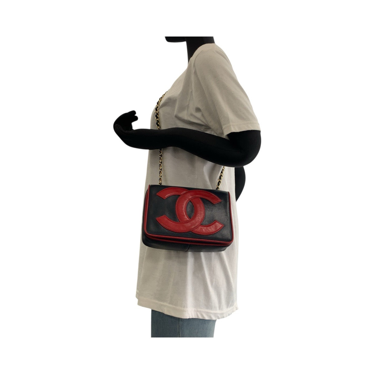 18667
CHANEL シャネル ヴィンテージ デカココマーク ネイビー レッド ゴールド金具 ラムスキン チェーンショルダーバッグ ポシェット レディース ABP215