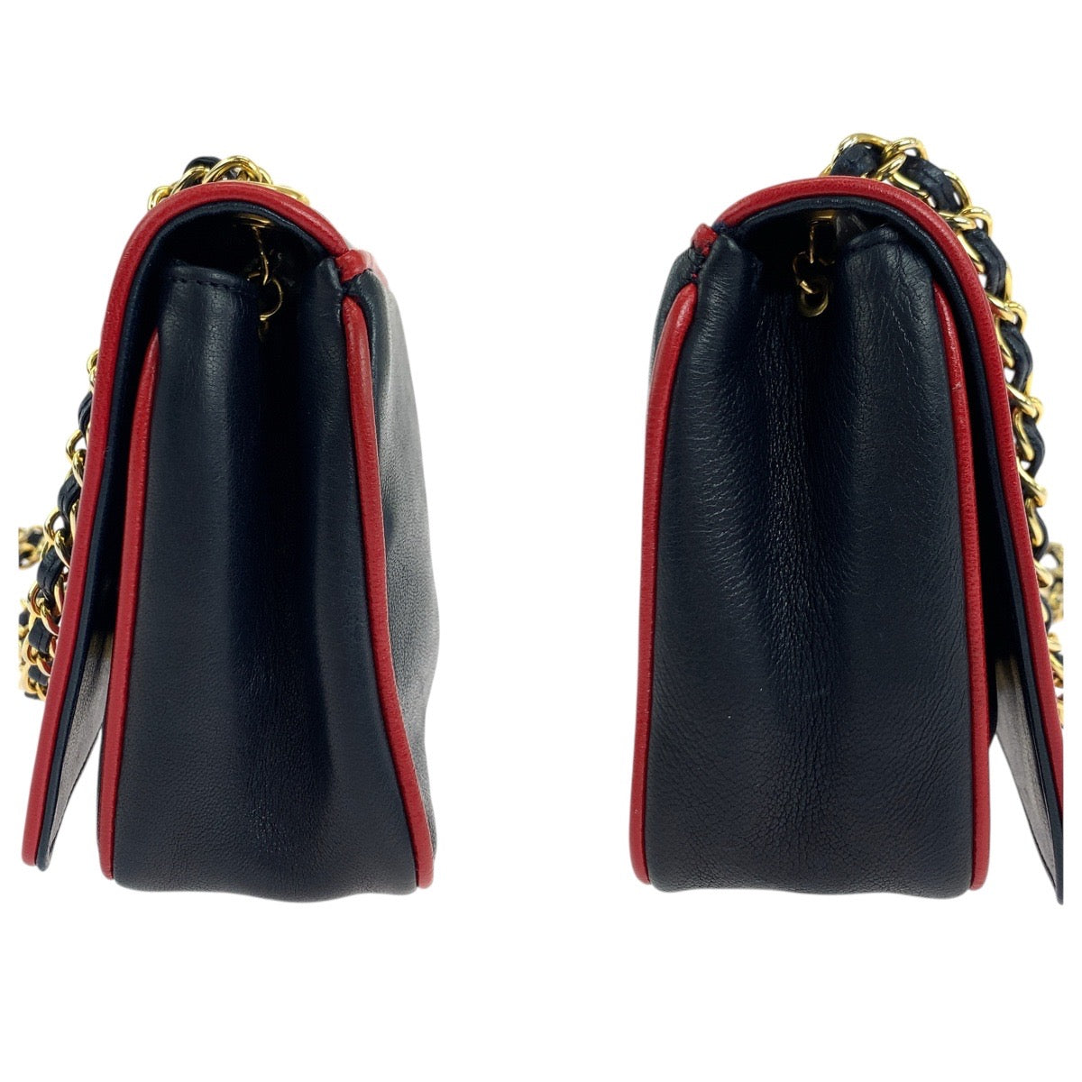 18667
CHANEL シャネル ヴィンテージ デカココマーク ネイビー レッド ゴールド金具 ラムスキン チェーンショルダーバッグ ポシェット レディース ABP215