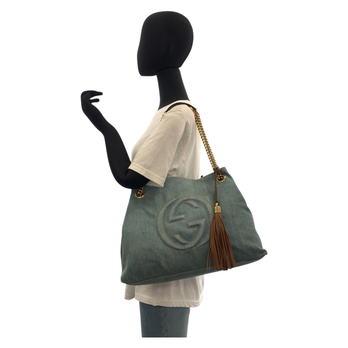 18694
GUCCI グッチ ソーホー インターロッキング ブルー ブラウン ゴールド金具 デニム 308982 ショルダーバッグ トートバッグ  レディース ABP78