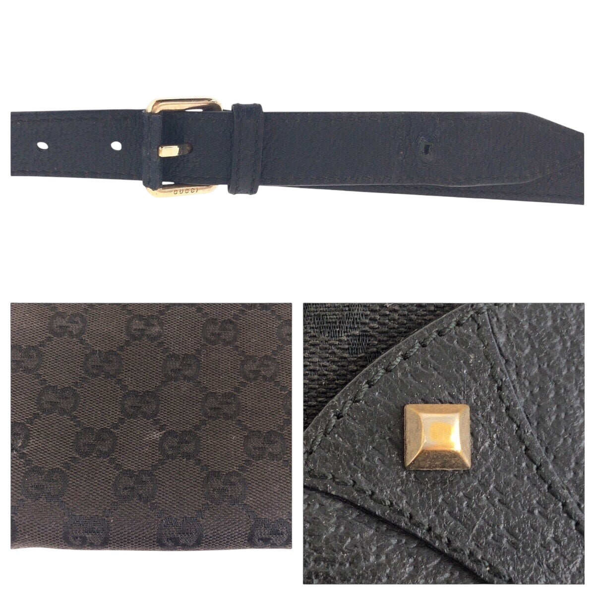 18699
GUCCI グッチ スタッズ ブラック 黒 ゴールド金具 GGキャンバス / レザー 120893 ショルダーバッグ ポシェット  レディース AB39