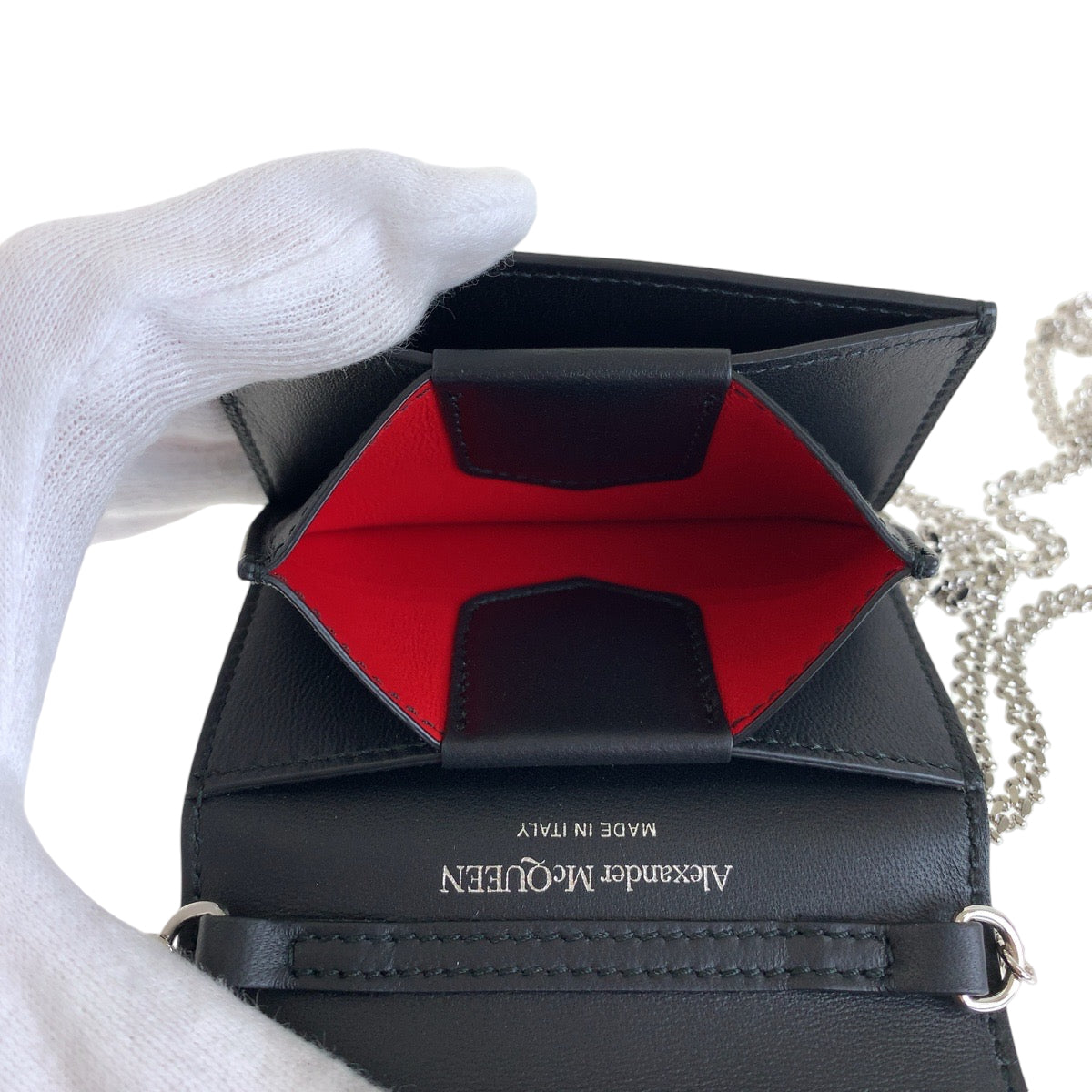 18716
Alexander McQueen アレキサンダーマックイーン スカル スタッズ ブラック 黒 シルバー金具 レザー チェーンウォレット ミニショルダーバッグ 財布 レディース S42