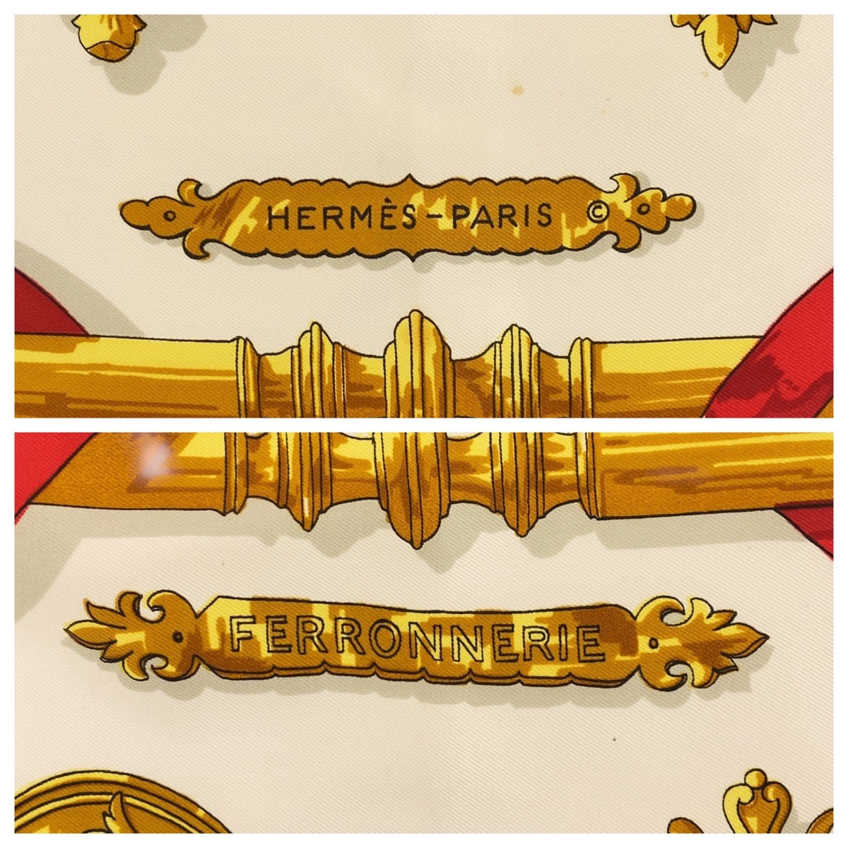 18757
HERMES エルメス フェロンヌリ 鉄細工 かれ90 ブルー ゴールド ホワイト シルク スカーフ 大判スカーフ レディース AB16