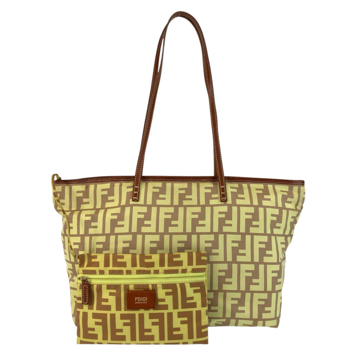 18768
FENDI フェンディ ズッカ イエロー ブラウン ナイロン / レザー 8BH198 トートバッグ ショルダーバッグ  レディース AB22