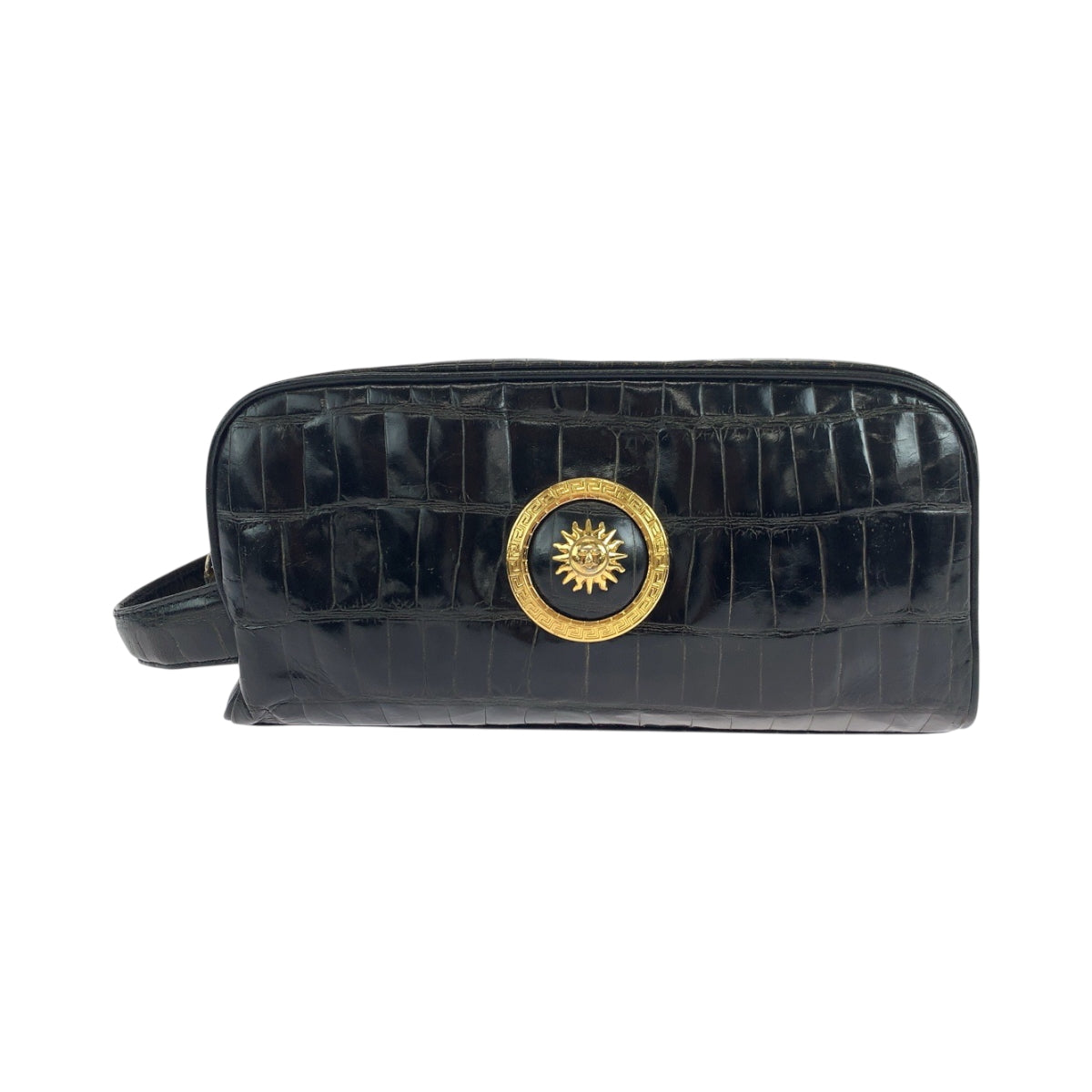 18771
VERSACE ヴェルサーチ ヴィンテージ クロコ型押し サンバースト ブラック 黒 ゴールド金具 レザー クラッチバッグ セカンドバッグ  メンズ AB30