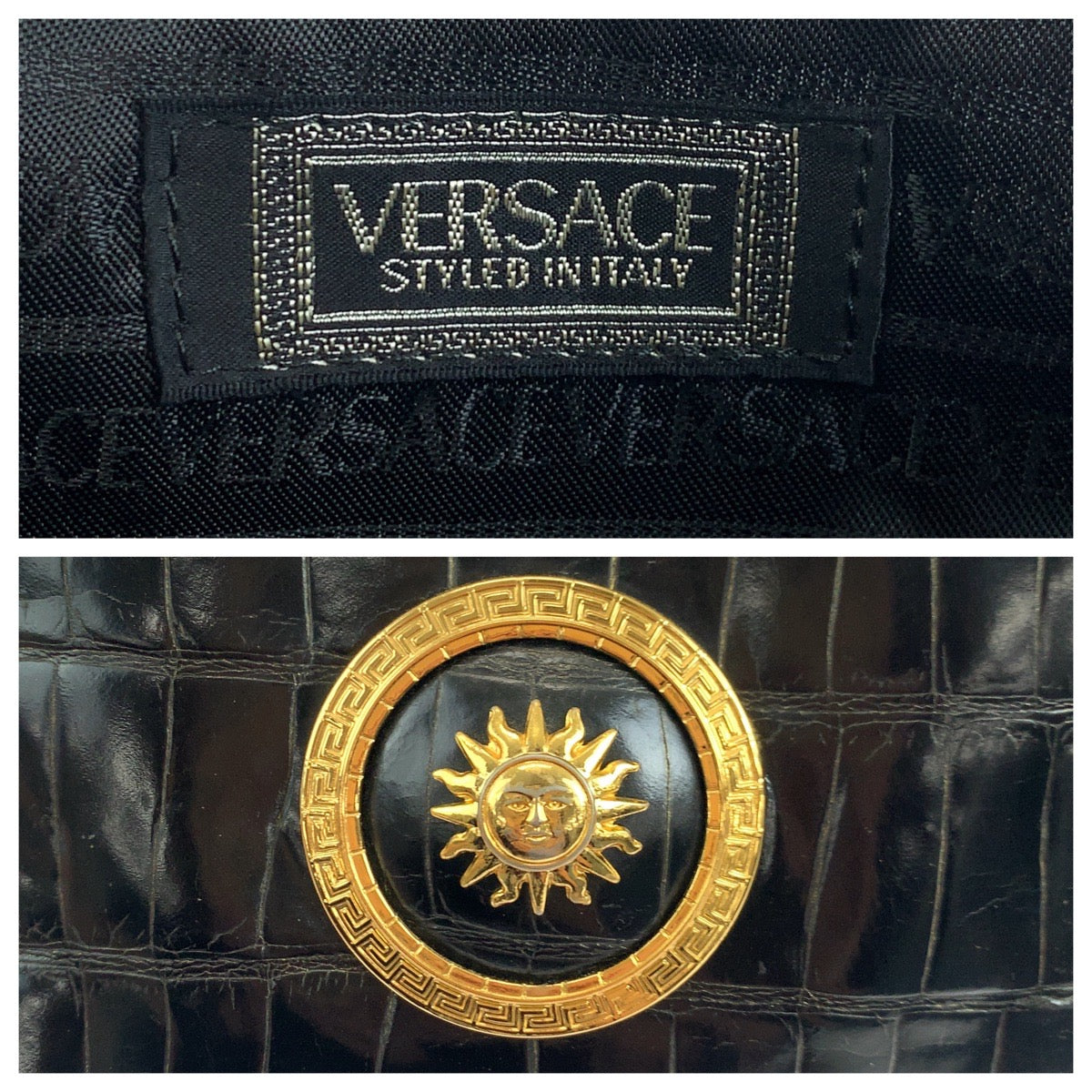 18771
VERSACE ヴェルサーチ ヴィンテージ クロコ型押し サンバースト ブラック 黒 ゴールド金具 レザー クラッチバッグ セカンドバッグ  メンズ AB30