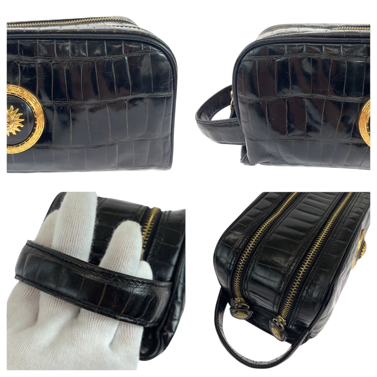 18771
VERSACE ヴェルサーチ ヴィンテージ クロコ型押し サンバースト ブラック 黒 ゴールド金具 レザー クラッチバッグ セカンドバッグ  メンズ AB30