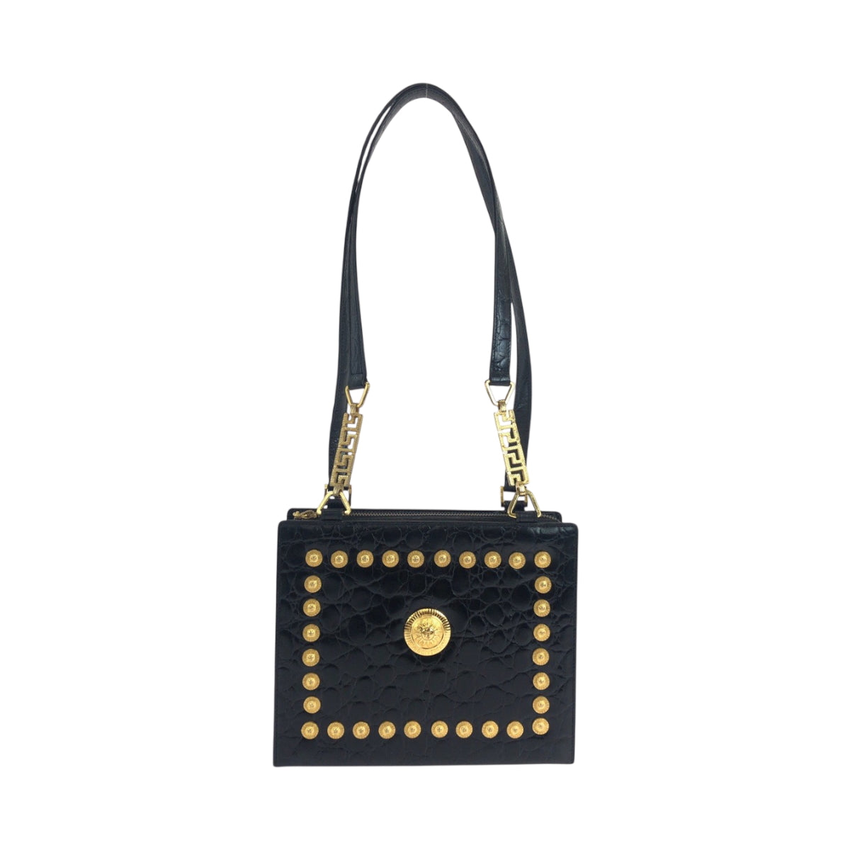 18774
VERSACE Vintage Croc Embossed Sunburst Black Gold Hardware Leather Shoulder Bag Tote Bag Ladies ABP60