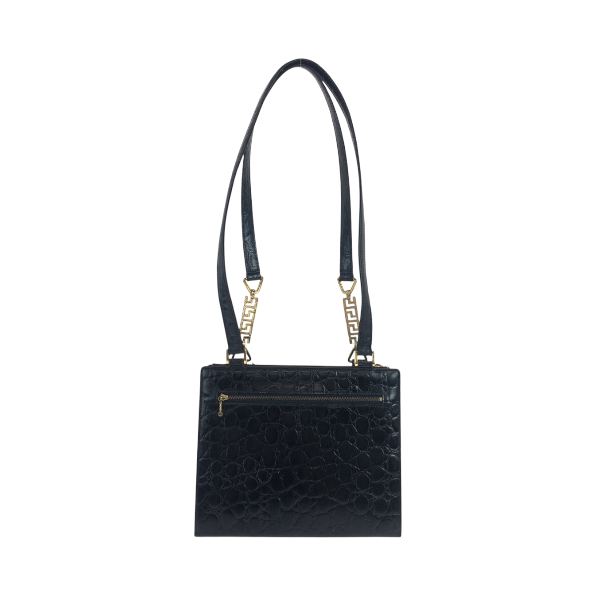 18774
VERSACE Vintage Croc Embossed Sunburst Black Gold Hardware Leather Shoulder Bag Tote Bag Ladies ABP60