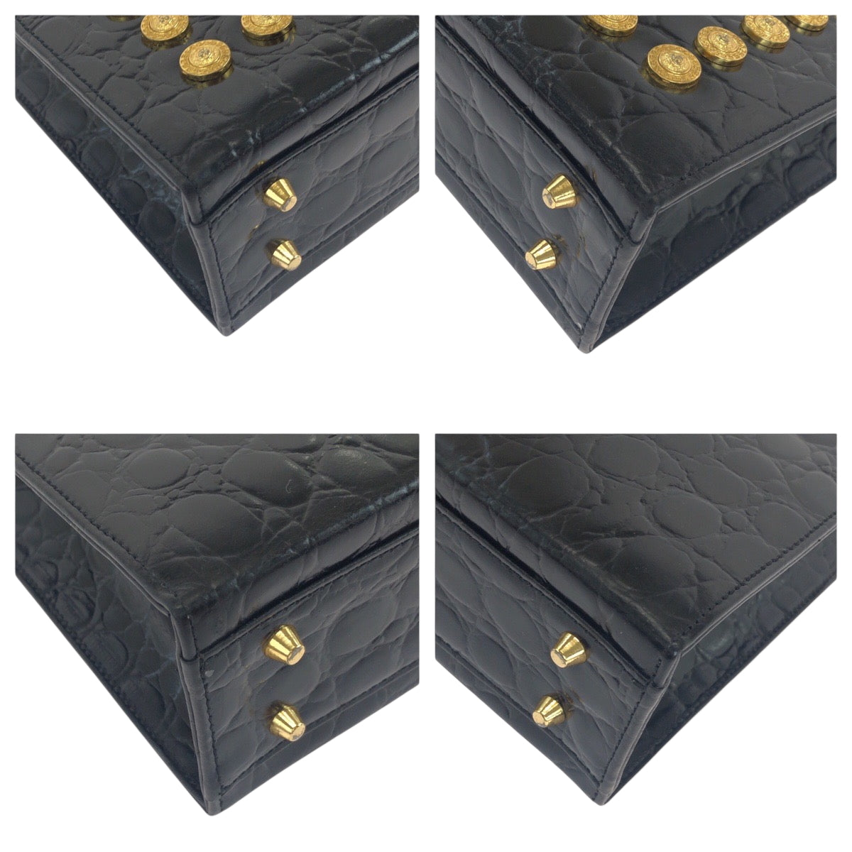 18774
VERSACE Vintage Croc Embossed Sunburst Black Gold Hardware Leather Shoulder Bag Tote Bag Ladies ABP60
