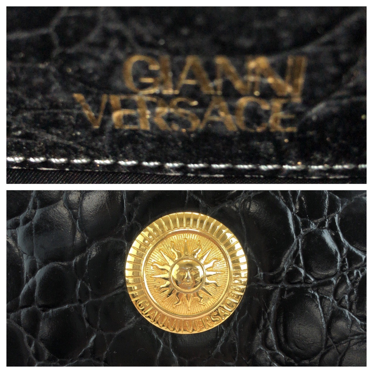 18774
VERSACE Vintage Croc Embossed Sunburst Black Gold Hardware Leather Shoulder Bag Tote Bag Ladies ABP60