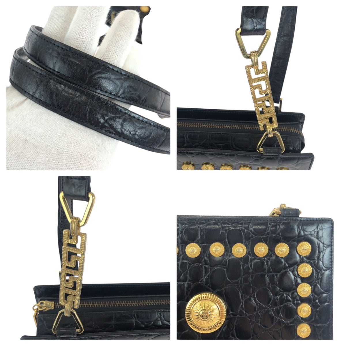 18774
VERSACE Vintage Croc Embossed Sunburst Black Gold Hardware Leather Shoulder Bag Tote Bag Ladies ABP60