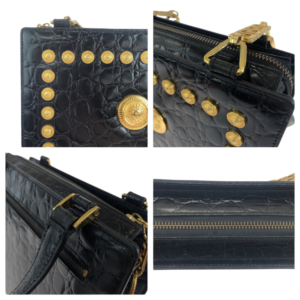 18774
VERSACE Vintage Croc Embossed Sunburst Black Gold Hardware Leather Shoulder Bag Tote Bag Ladies ABP60