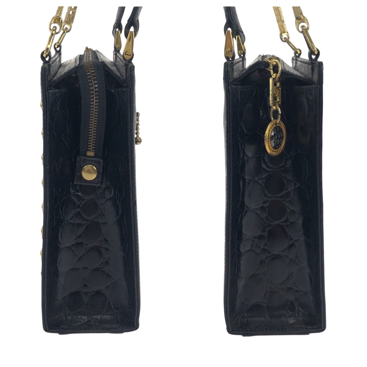 18774
VERSACE Vintage Croc Embossed Sunburst Black Gold Hardware Leather Shoulder Bag Tote Bag Ladies ABP60