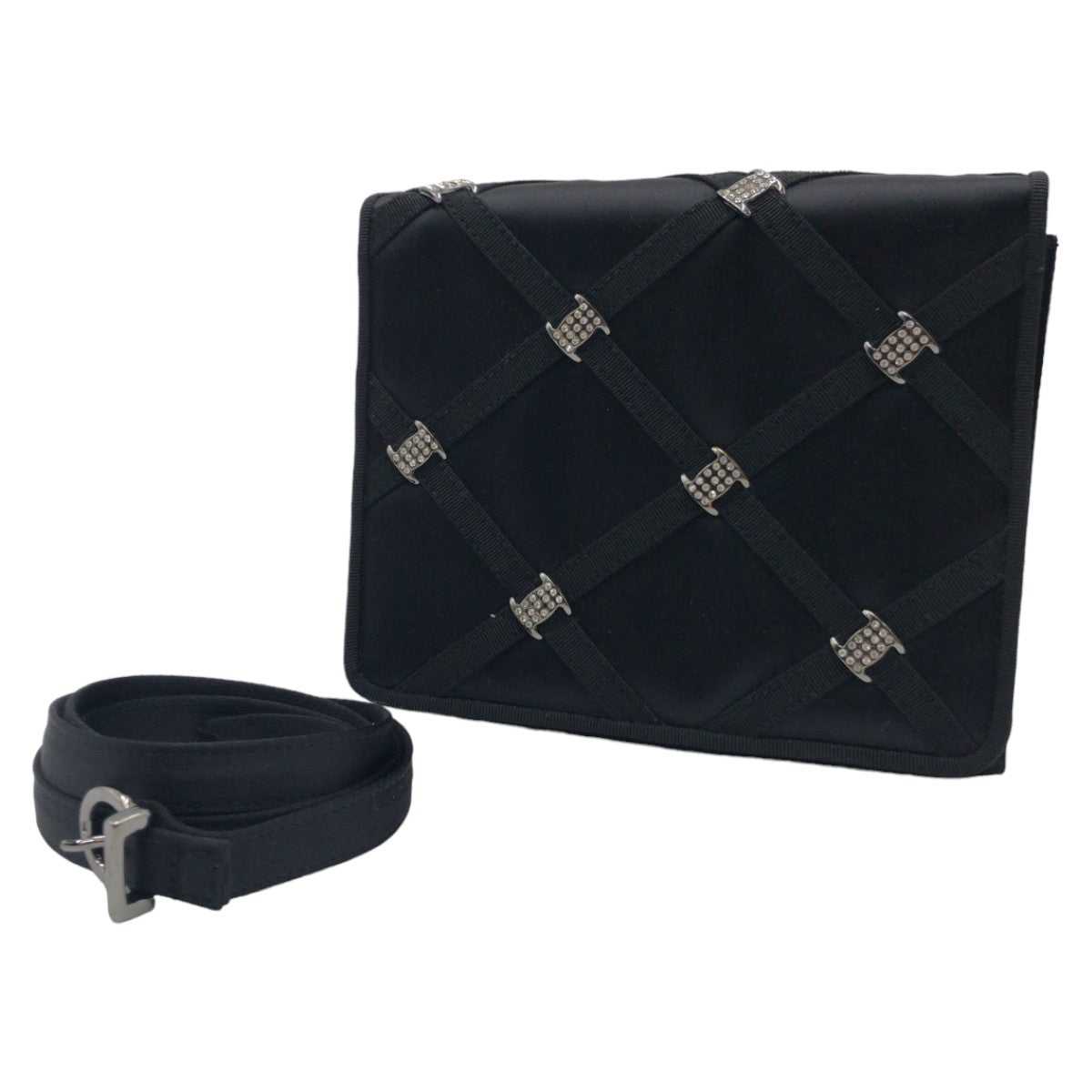 18786
Salvatore Ferragamo Vara Rhinestone Black Silver Hardware Satin Crossbody Shoulder Bag Pochette Ladies ABP40