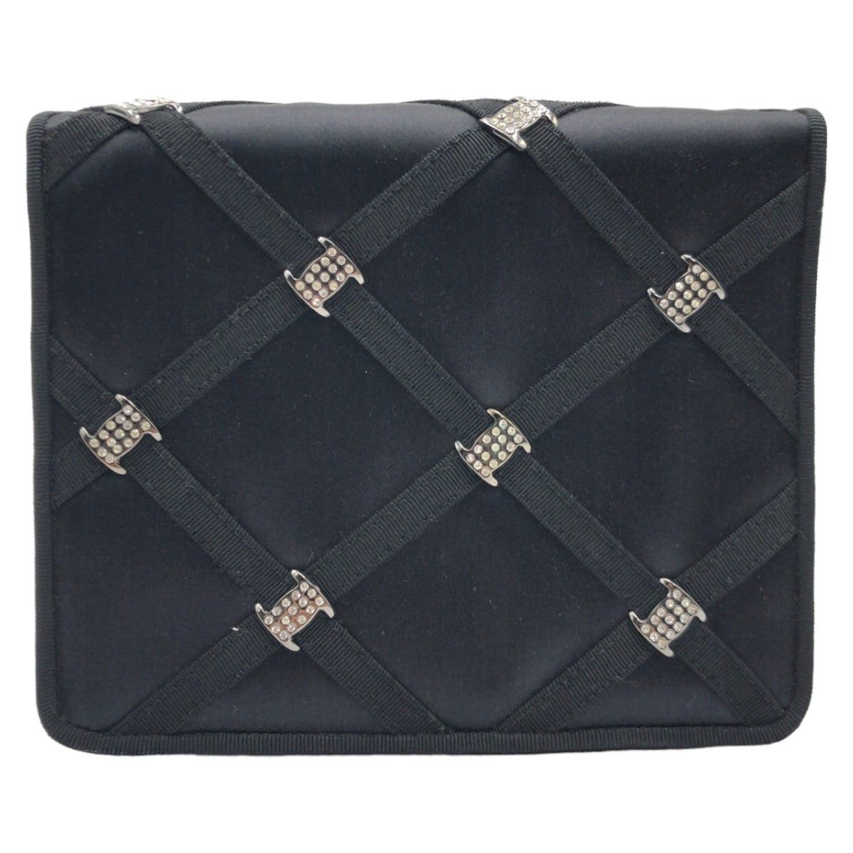 18786
Salvatore Ferragamo Vara Rhinestone Black Silver Hardware Satin Crossbody Shoulder Bag Pochette Ladies ABP40