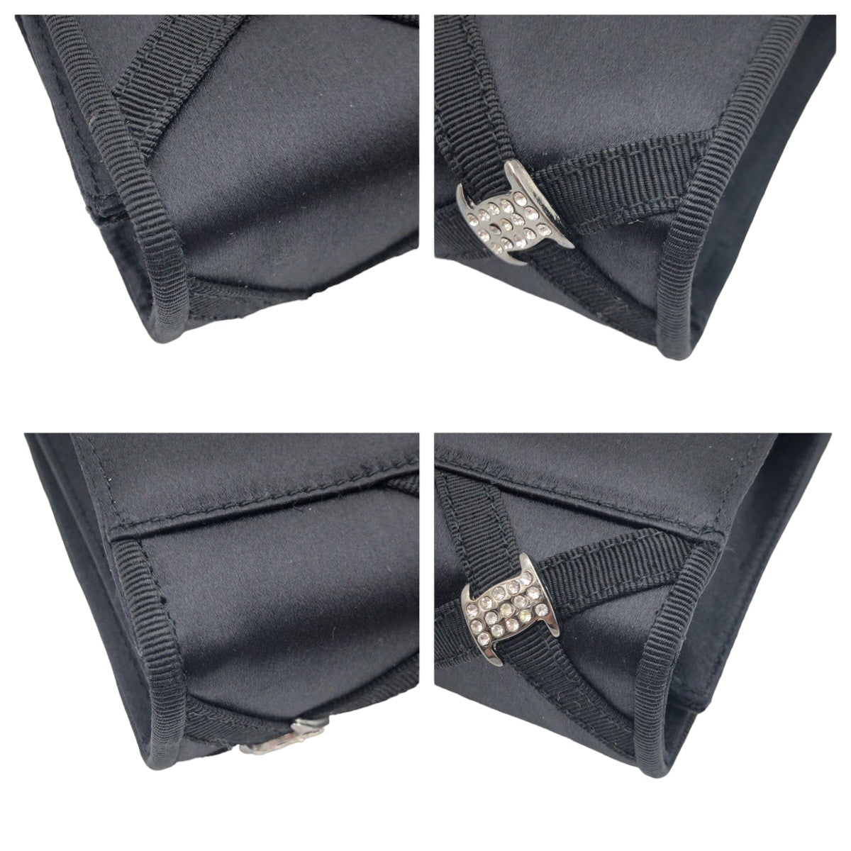 18786
Salvatore Ferragamo Vara Rhinestone Black Silver Hardware Satin Crossbody Shoulder Bag Pochette Ladies ABP40
