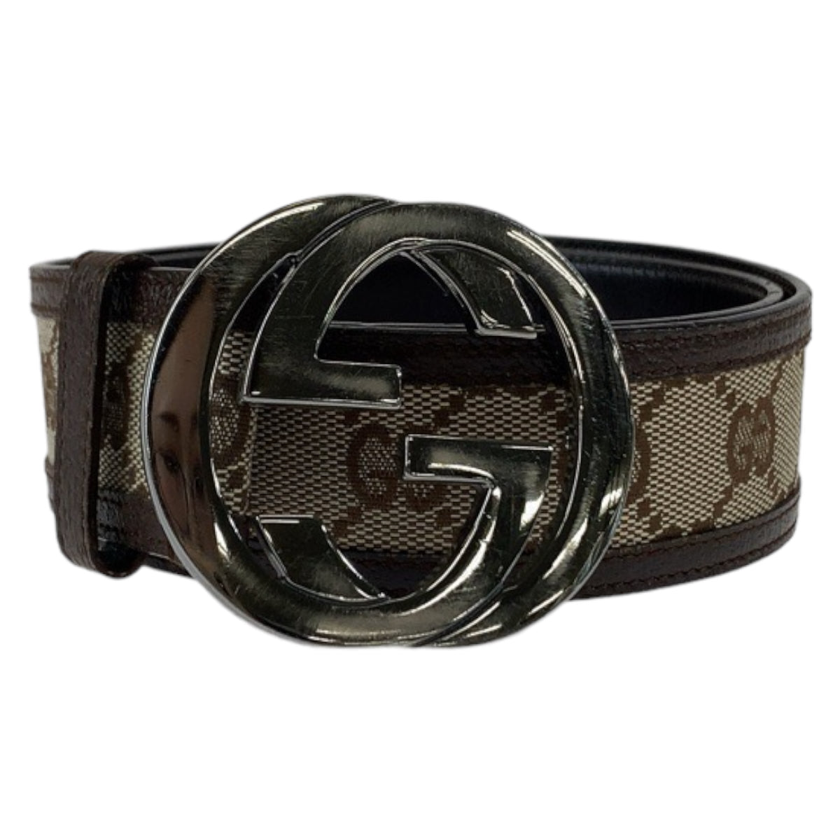 18811
GUCCI グッチ インターロッキング 75cm 30インチ 男女兼用 ブラウン 茶 シルバー金具 GGキャンバス / レザー 114876 ベルト GGバックル メンズ AB33