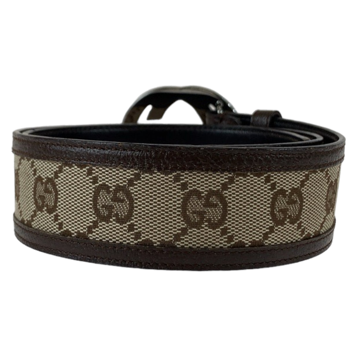 18811
GUCCI グッチ インターロッキング 75cm 30インチ 男女兼用 ブラウン 茶 シルバー金具 GGキャンバス / レザー 114876 ベルト GGバックル メンズ AB33