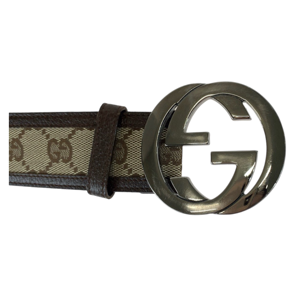 18811
GUCCI グッチ インターロッキング 75cm 30インチ 男女兼用 ブラウン 茶 シルバー金具 GGキャンバス / レザー 114876 ベルト GGバックル メンズ AB33