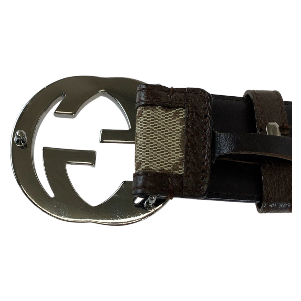18811
GUCCI グッチ インターロッキング 75cm 30インチ 男女兼用 ブラウン 茶 シルバー金具 GGキャンバス / レザー 114876 ベルト GGバックル メンズ AB33