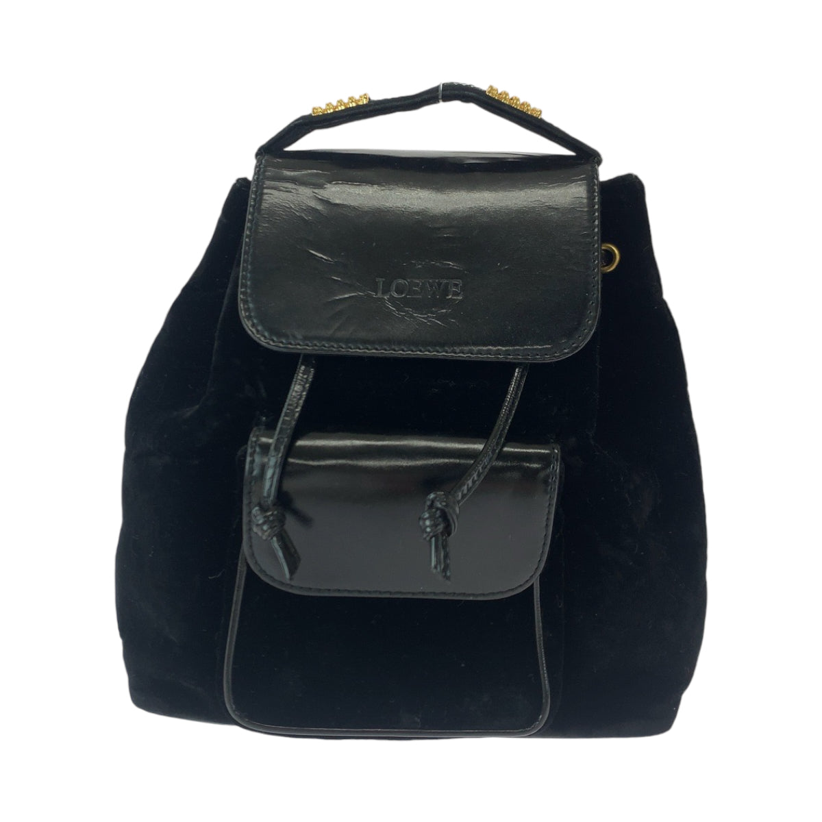 18822
LOEWE ロエベ ヴィンテージ ベラスケス ロゴ ブラック 黒 ゴールド金具 パテントレザー / スウェード リュックサック バックパック  レディース AB35